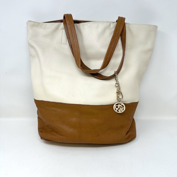 DKNY Two-Tone Leather Tote Cream Cognac - Picture 1 of 16